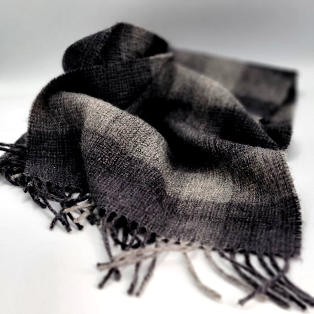 Amicale Gray & Black Plaid Merino Wool Scarf With Fringe Edges